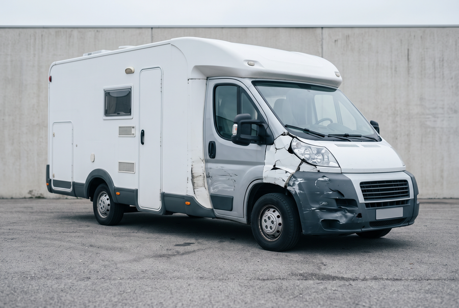 Wohnmobil mit Unfallschaden an der vorderen rechten Ecke
